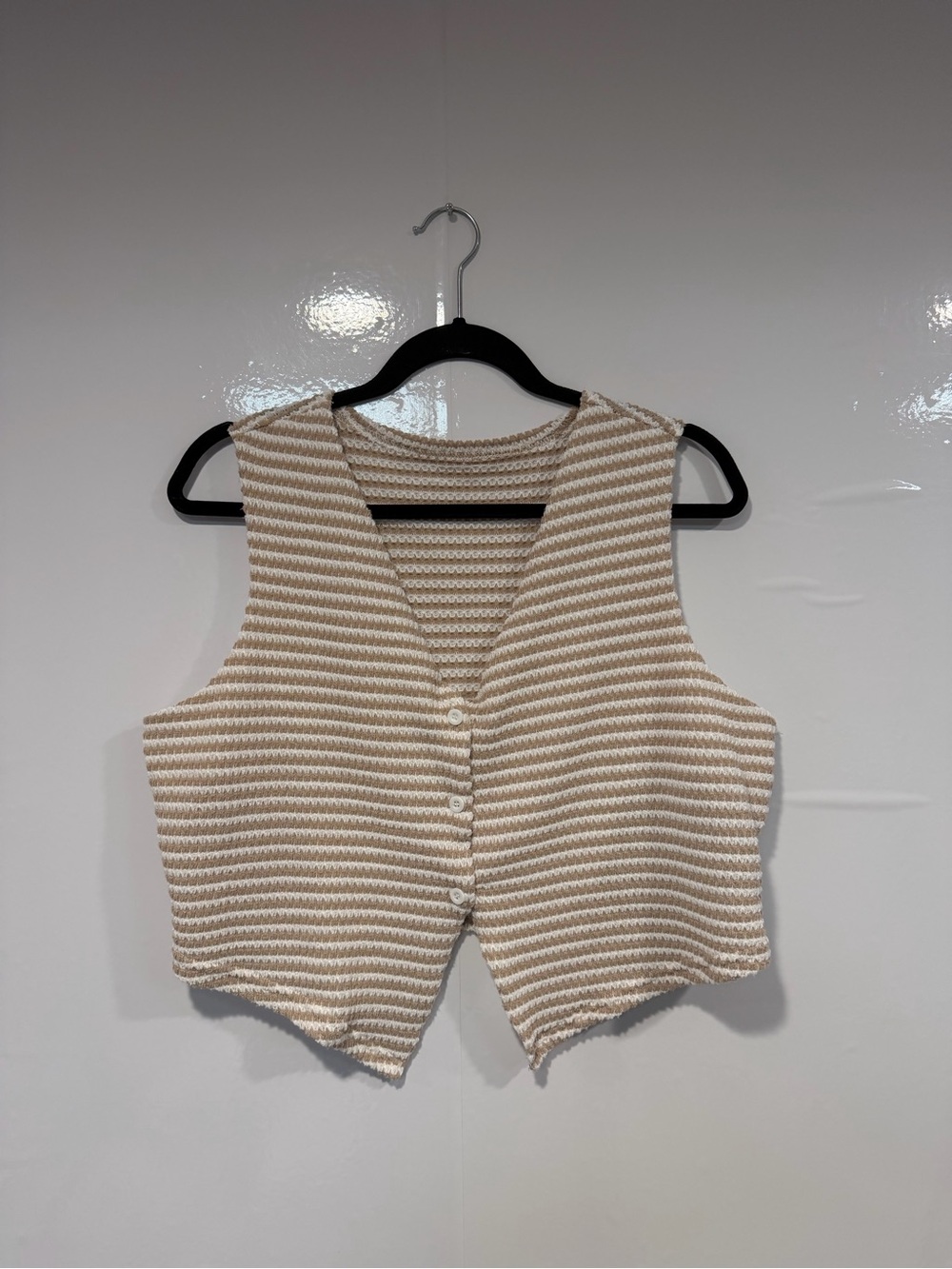 SHEIN Beige & White Striped Cropped Knit Button Vest